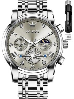 Mens Silver Grey Skeleton Stainless Steel Diamond And Calendar Chronograph Watch